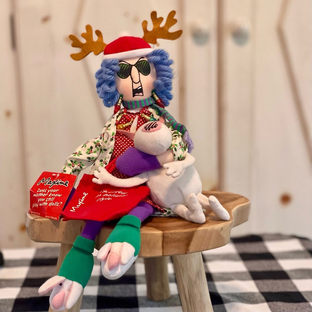 HALLMARK MAXINE doll  "STRESSED IN HOLIDAY STYLE" SITTING DOLL PLUS FLOYD DOG